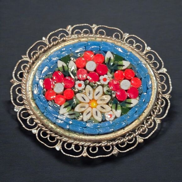 Italian Vintage Micro Mosaic Glass Floral Brooch Pin Silver Tone Filigree Border - Picture 5 of 10